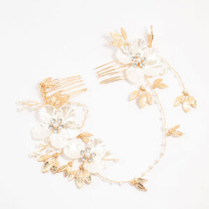 Gold Pearlised Flower Trio Draped Comb Head Piece