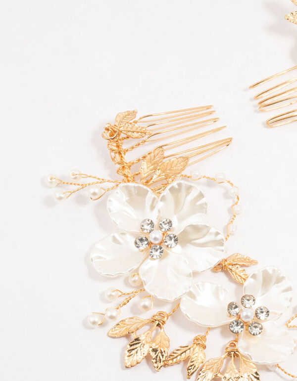 Gold Pearlised Flower Trio Draped Comb Head Piece - Image 2